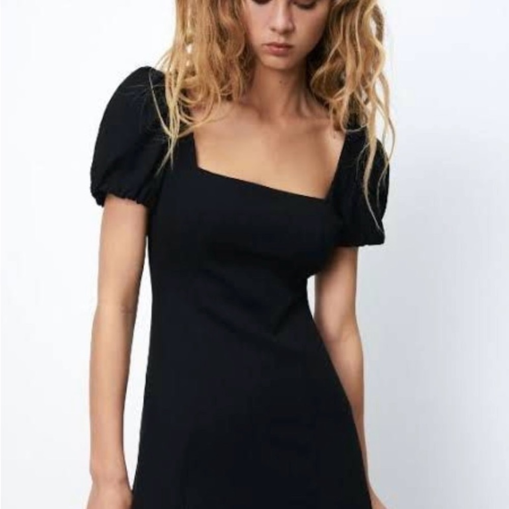 Zara linen blend little black dress bohemian milkmaid mini linen